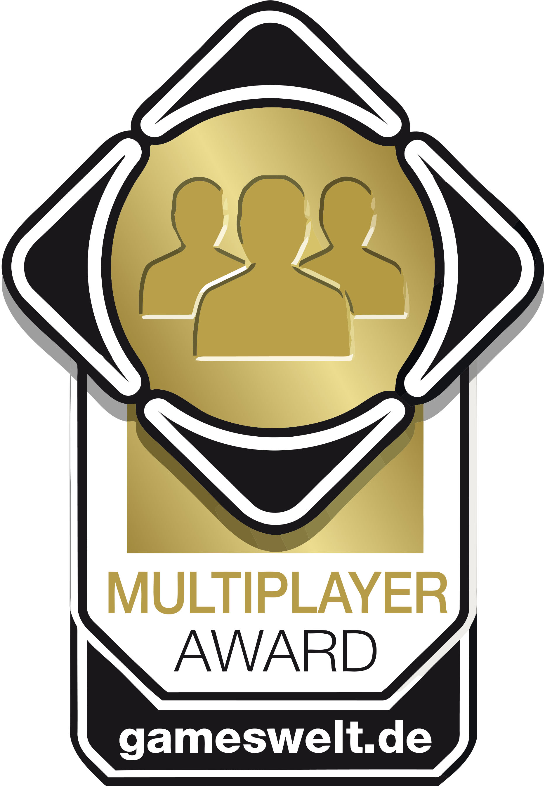 Multiplayer Award Logo, goldene Auszeichnung mit drei Silhouetten und gameswelt.de.