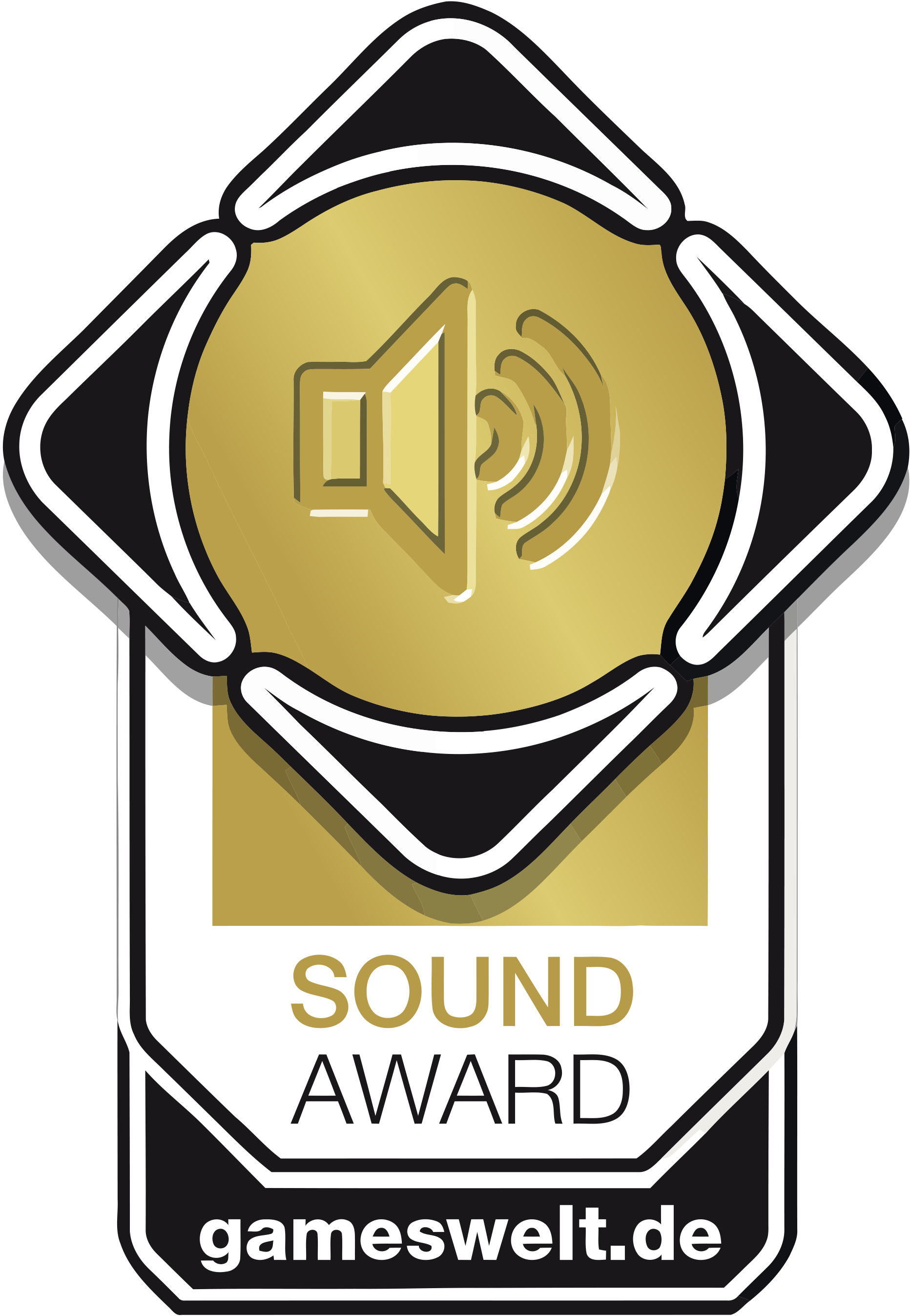 Goldene Auszeichnung mit Lautsprecher-Symbol, "SOUND AWARD" und der Website gameswelt.de.