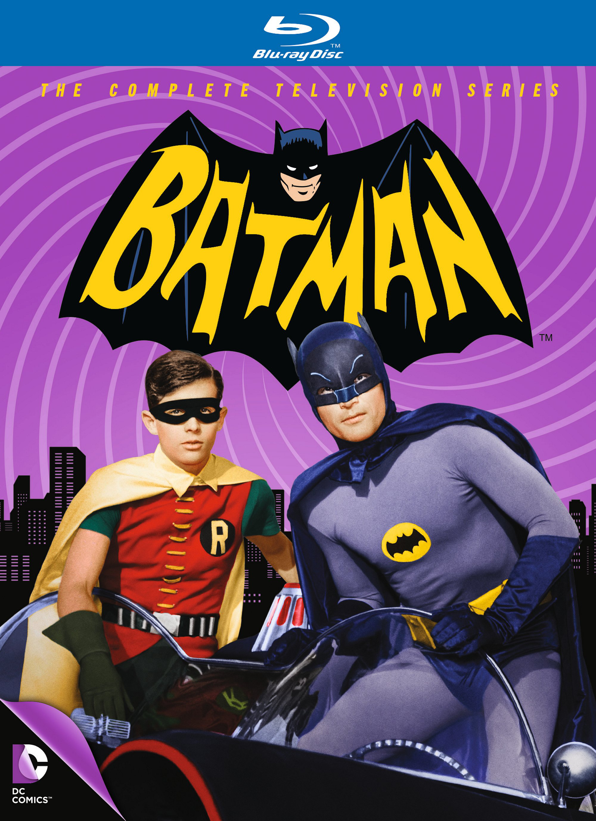 Batman und Robin auf einem Blu-ray-Cover, das Batman-Logo im Hintergrund.