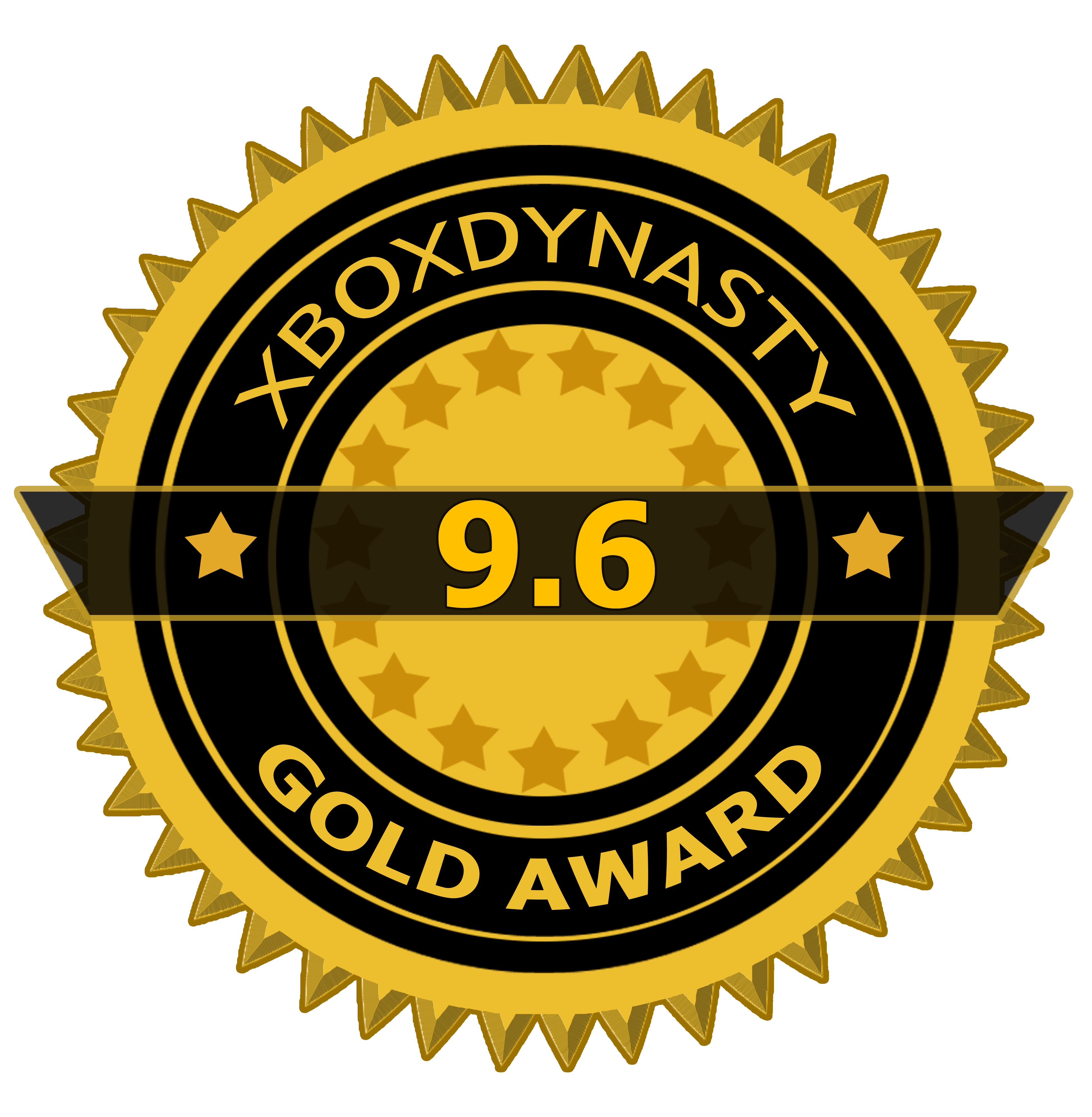 XBOXDYNASTY GOLD AWARD, goldener und schwarzer Abzeichen mit 9.6 Bewertung.