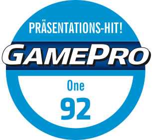 Blaue, runde GamePro-Auszeichnung mit "PRÄSENTATIONS-HIT!", "GAMEPRO", "One" und "92" im Kreis.