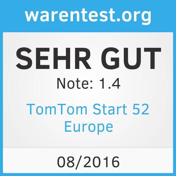 Weißes Rechteck mit "warentest.org", "SEHR GUT", "Note: 1.4" und TomTom Start 52 Europe.