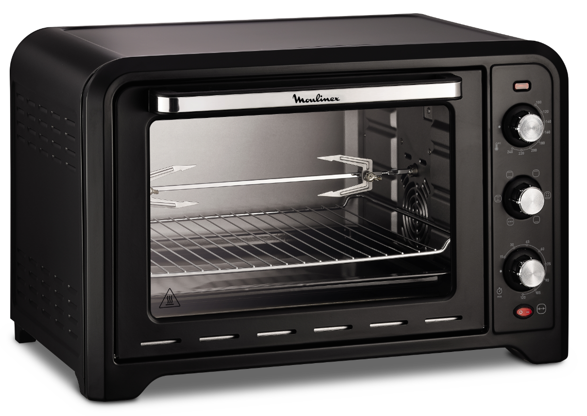 Black Moulinex oven with rotisserie, stainless steel interior, knobs and glass door.