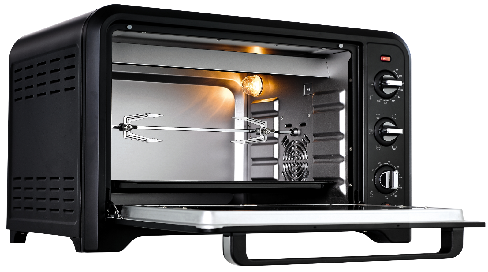 A black oven with the door open, inside is a rotisserie, and a light is on.
