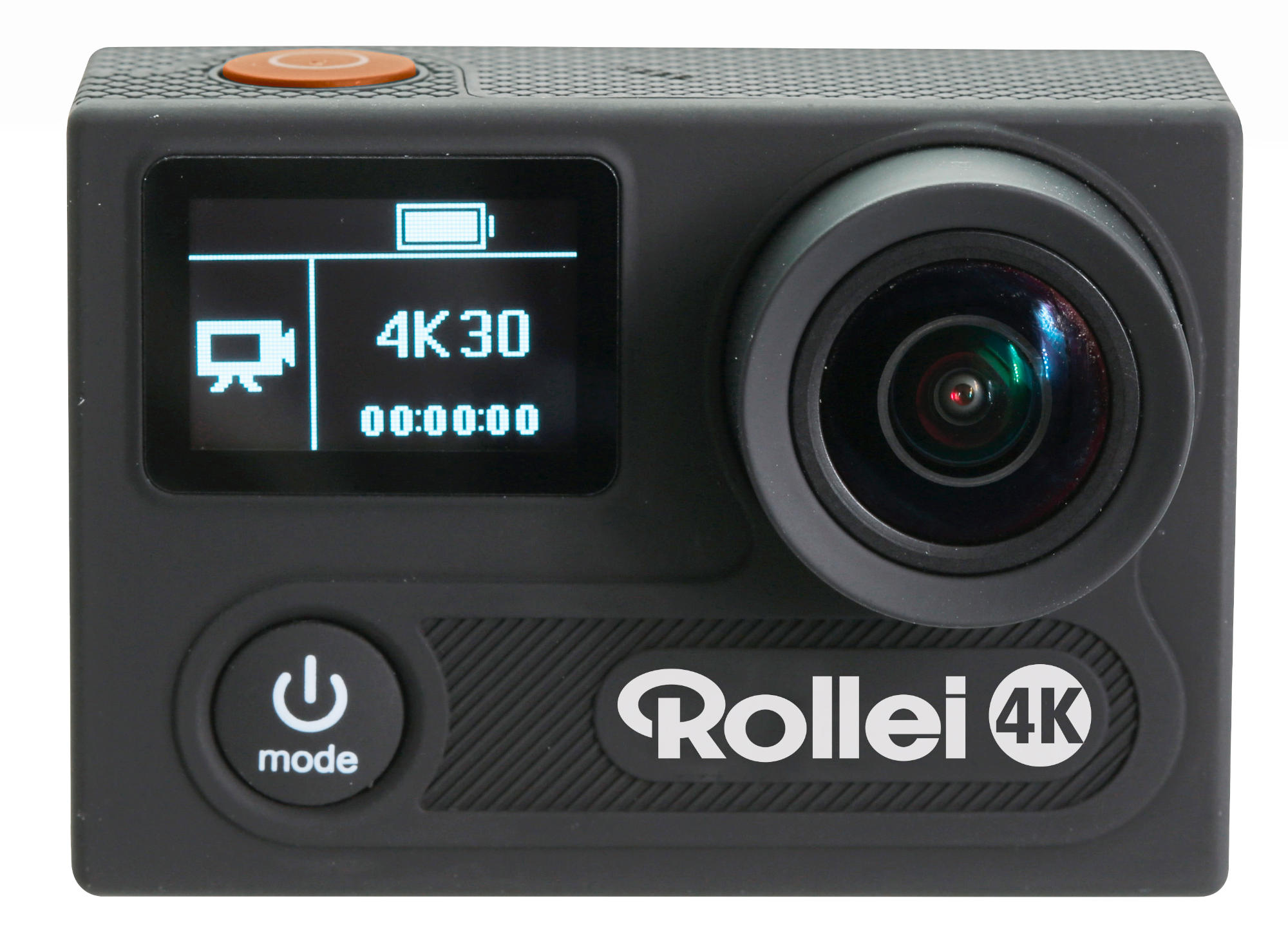 Schwarze Rollei 4K Actioncam mit Display, Linse und Modustaste.