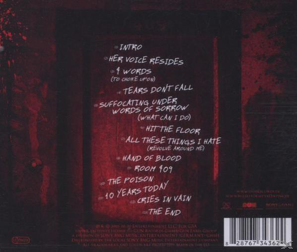Rückseite einer CD-Hülle mit Songtiteln. Roter Hintergrund mit Blutspritzern.