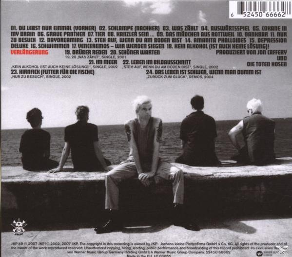 CD-Rückseite mit Bandfoto und Titelliste. Weißer Text auf dunklem Hintergrund. JKP Label.