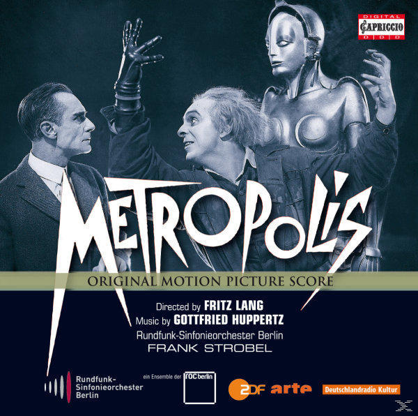 CD-Cover für 'Metropolis', ein Filmsoundtrack. Enthält Filmfiguren und Text in einem stilisierten Design.