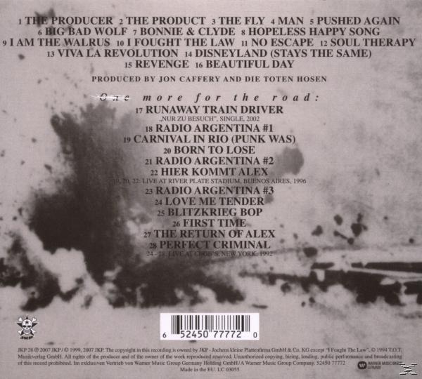 Rückseite einer CD mit Titelliste, Text und Urheberrechtshinweis auf einem Grunge-Hintergrund.