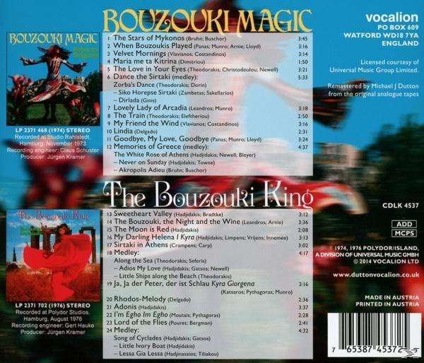 Albumcover: Bouzouki Magic und The Bouzouki King, mit Tracklisten. Zwei Albumcover und Titelangaben.