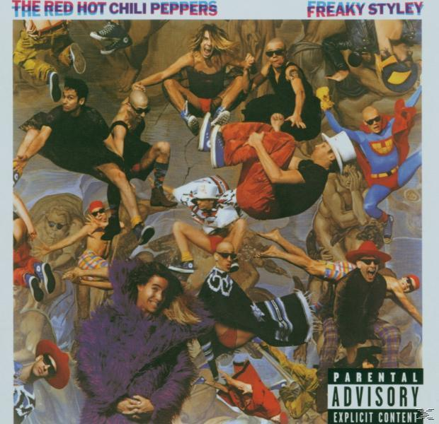 Albumcover für The Red Hot Chili Peppers mit verschiedenen Figuren in einer chaotischen, künstlerischen Collage.