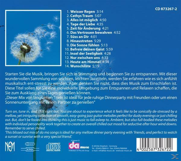 Album-Rückseite mit Titelliste, Text und einem Löwenzahn mit Samen. Gelber Hintergrund.