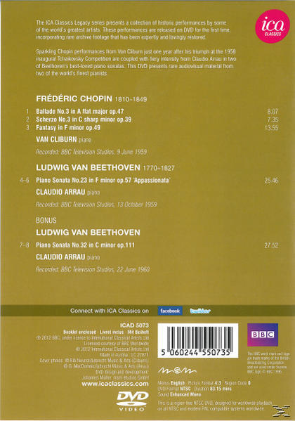 DVD-Hülle mit Text über Chopin- und Beethoven-Aufführungen. Blauer und weißer Hintergrund.