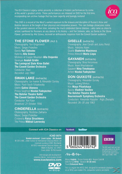 DVD-Cover mit Text, der Ballettvorstellungen auflistet. Blau-weißes Farbschema.