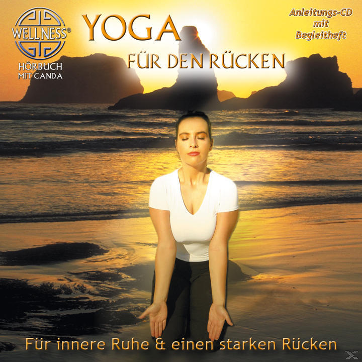 Frau im weißen Oberteil macht Yoga am Strand, mit Sonnenuntergang im Hintergrund. Text über inneren Frieden.