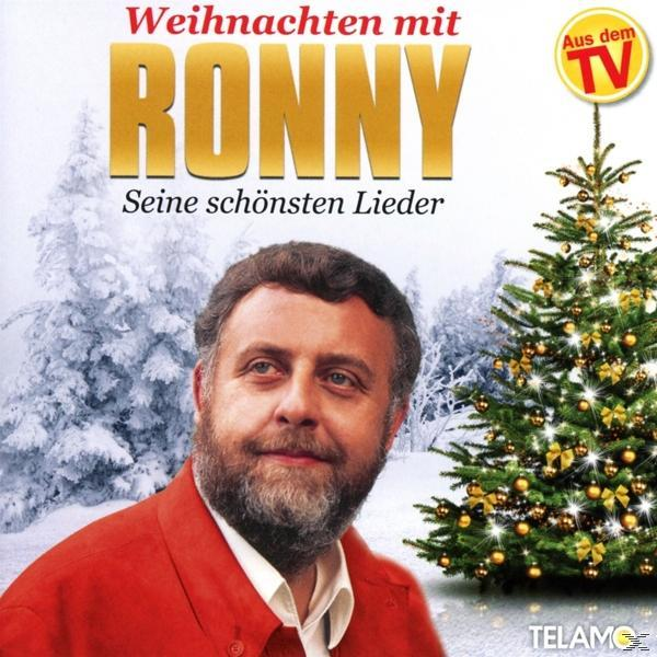 Albumcover mit einem Mann in roter Jacke, einem Weihnachtsbaum und schneebedecktem Hintergrund. Text: „Weihnachten mit Ronny“.