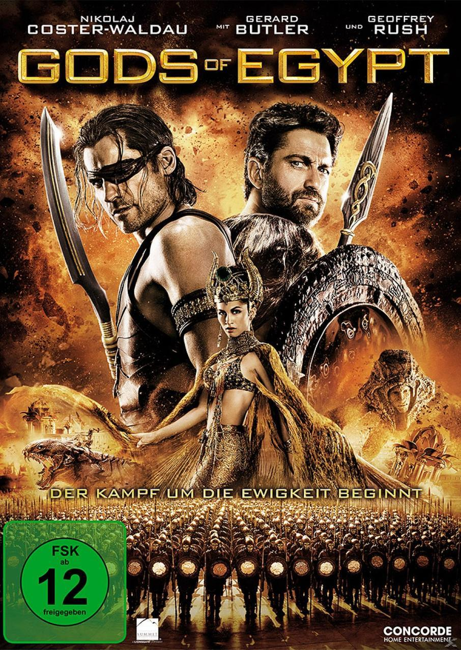 Filmplakat: Götter Ägyptens. Mit Charakteren mit Waffen, einer Frau und einer Menschenmenge. Gold- und dunkle Töne.