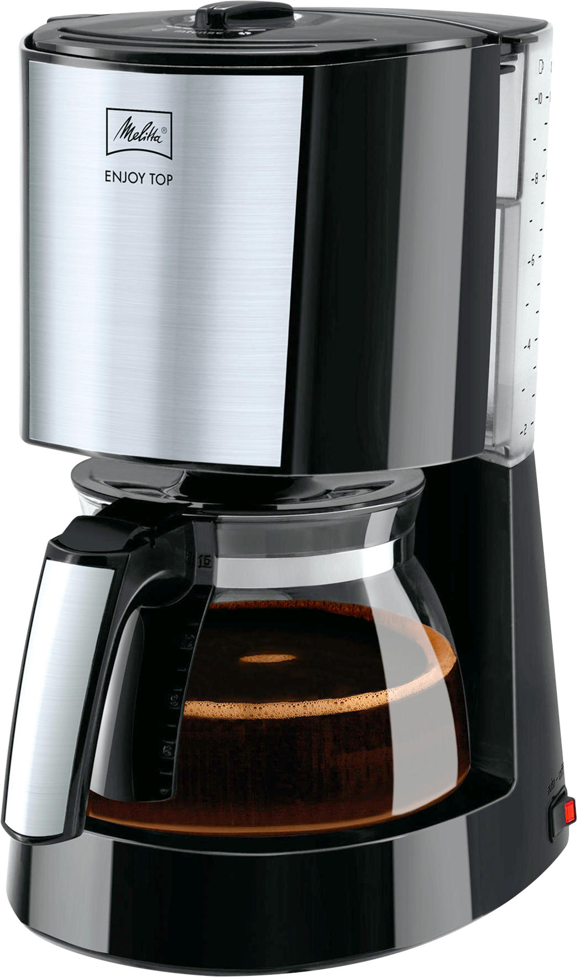 Schwarze und silberne Kaffeemaschine, Seitenansicht.