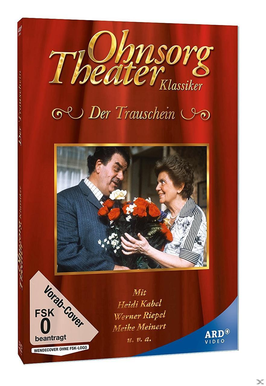 DVD-Cover: Zwei Personen, ein Mann und eine Frau. Titel: Ohnsorg Theater Klassiker - Der Trauschein. Roter Hintergrund.