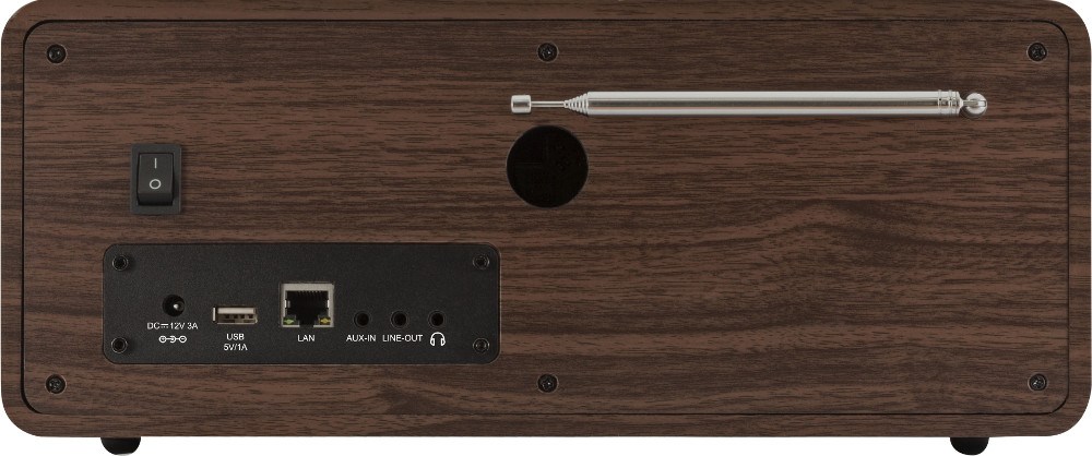 Een bruine radio met houtnerf, aan/uit-schakelaar, antenne en diverse input/output poorten.