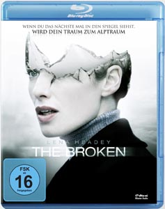 DVD-Cover, The Broken, Frauengesicht mit zerbrochenem Glas, blaue Hülle.