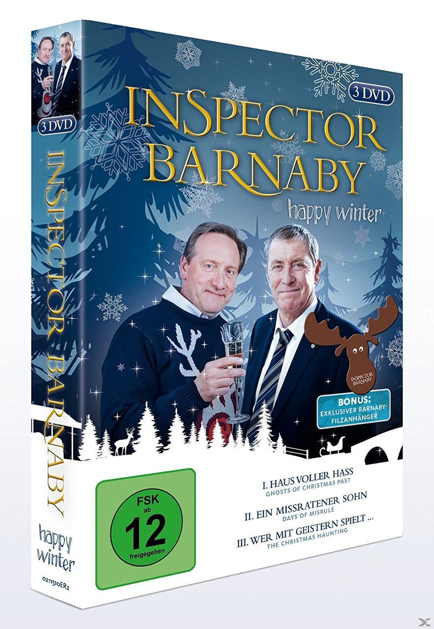 DVD-Box mit drei DVDs von 'Inspector Barnaby Happy Winter', mit zwei Männern im Anzug.
