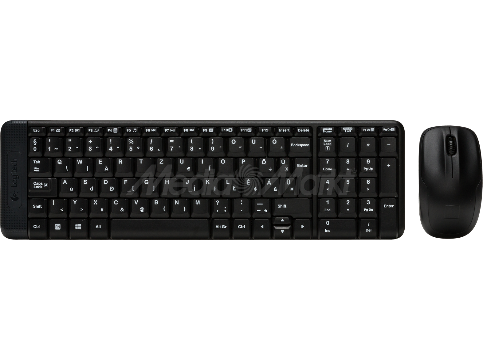 Fekete Logitech billentyűzet és egér készlet fekete háttéren.