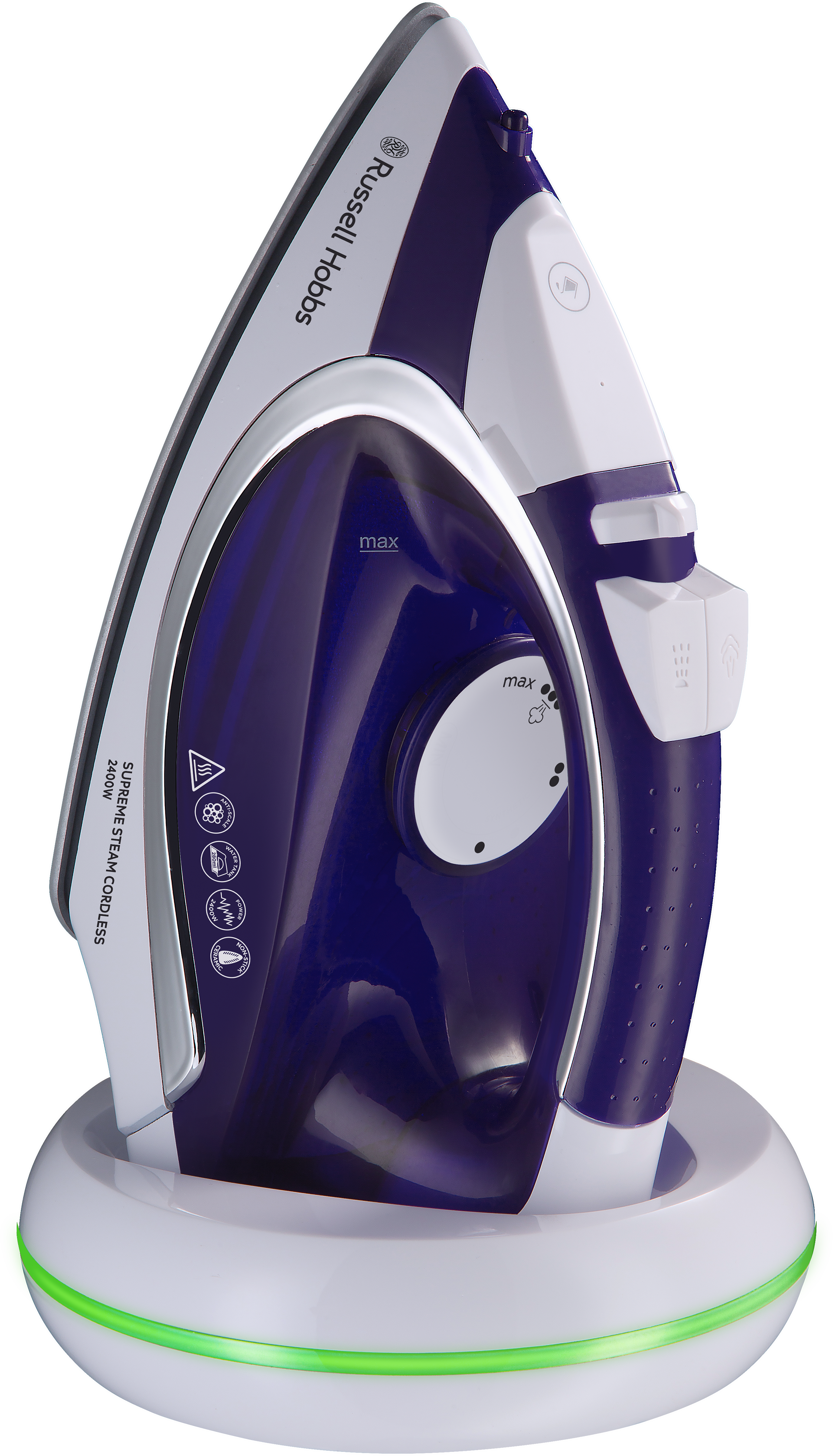 Egy lila-fehér Russell Hobbs vasaló fehér alapon, zöld fénnyel.