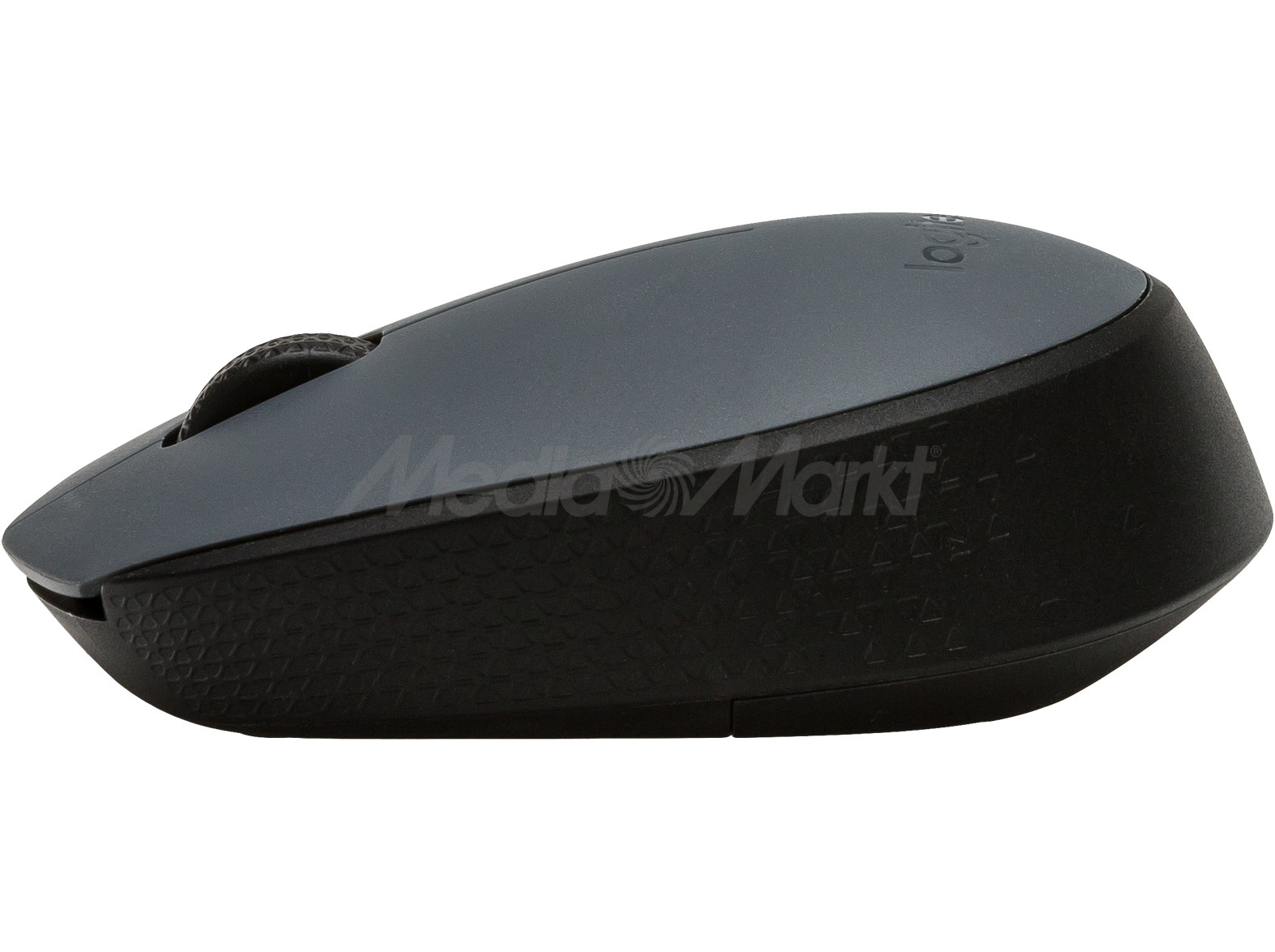 Sötétszürke Logitech vezeték nélküli egér világosszürke háttérrel, MediaMarkt logóval.