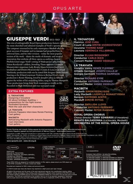 DVD-Cover für 'Giuseppe Verdis Il Trovatore' mit Text, Porträts und Opernszenen.