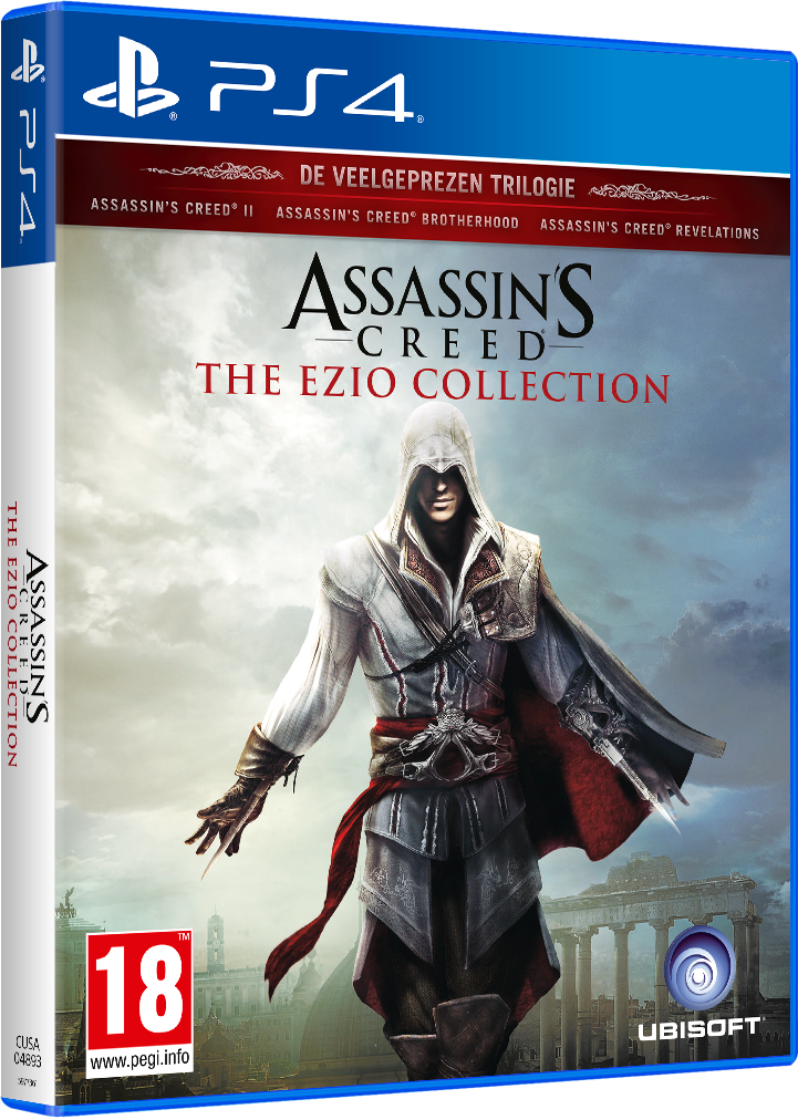 Boîtier de jeu PS4 : Assassin's Creed, The Ezio Collection, avec illustration de personnage et logo.
