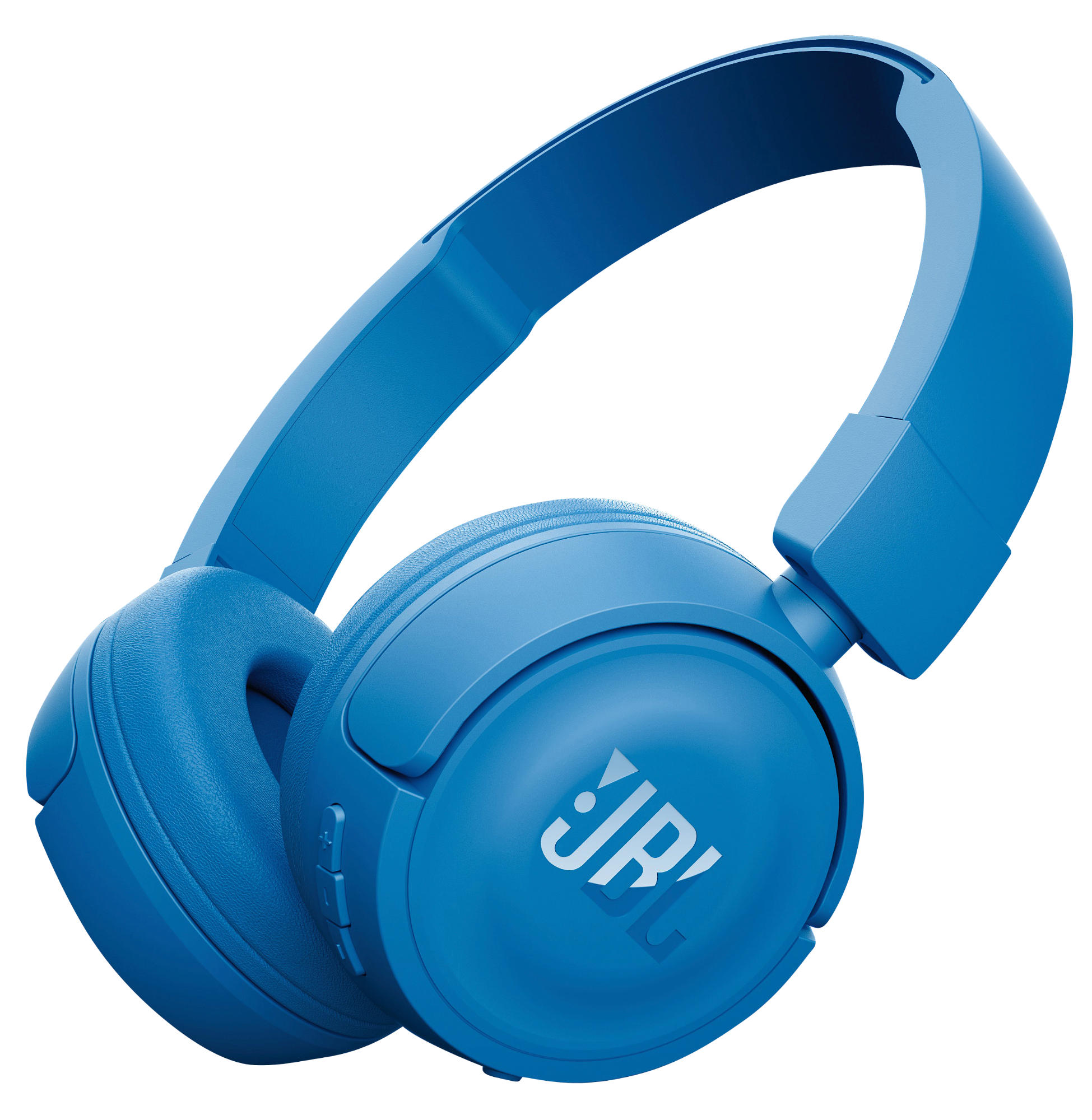 Beyaz zemin üzerinde mavi JBL kulaklıklar. Logo yan tarafta görülebilir.