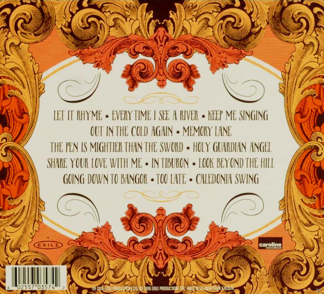 Albumcover mit orangefarbenen floralen Designs und Songtiteln. Der Hintergrund ist weiß.