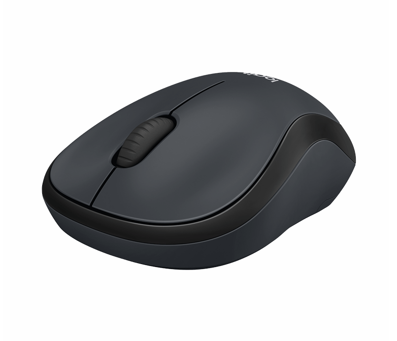 Sötétszürke vezeték nélküli egér görgővel. Fekete, ergonomikus kialakítás, fehér háttér.
