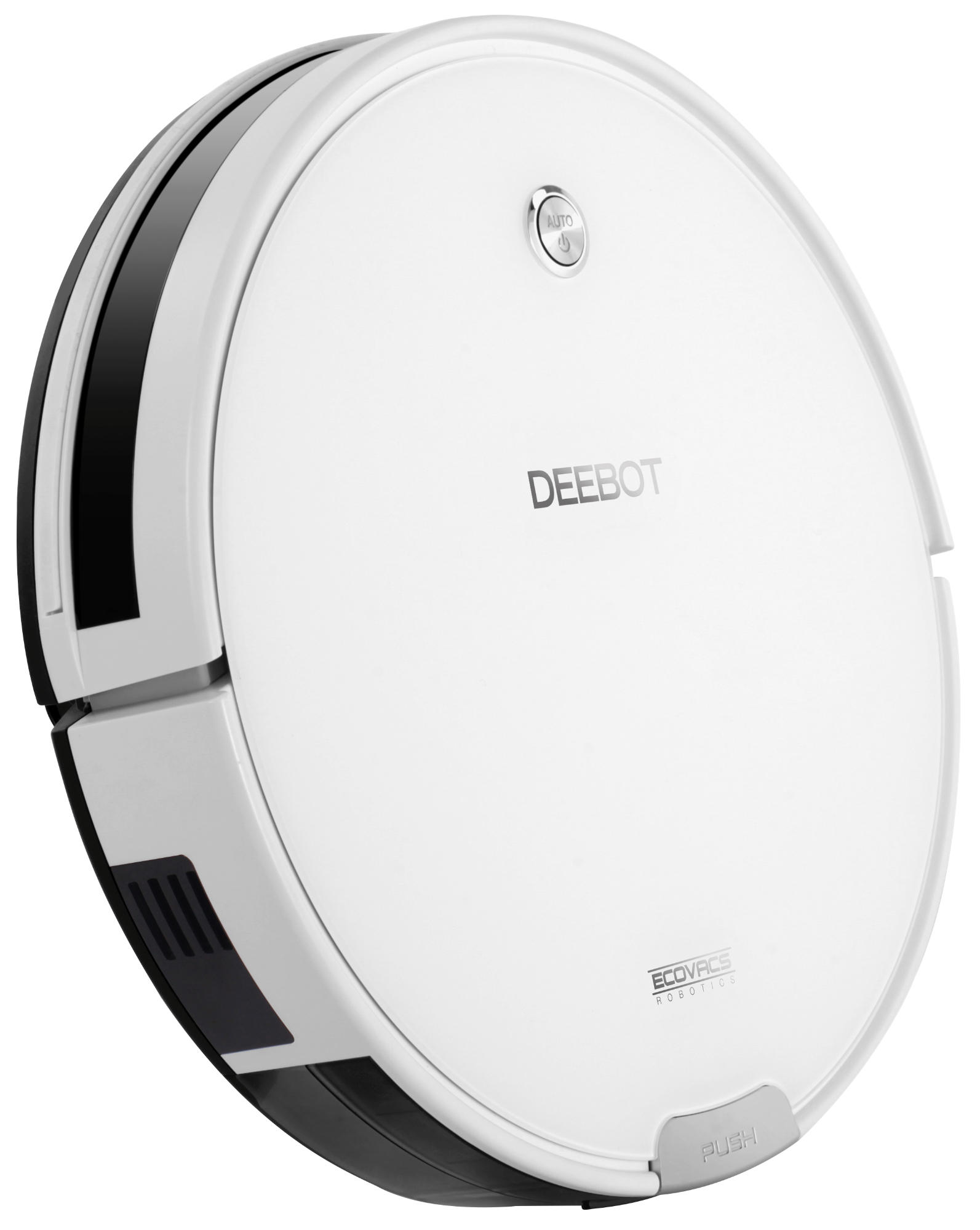 Weiß-schwarzer DEEBOT-Roboterstaubsauger. Er hat einen Knopf und das Wort "PUSH". Die Marke ist Ecovacs Robotics.