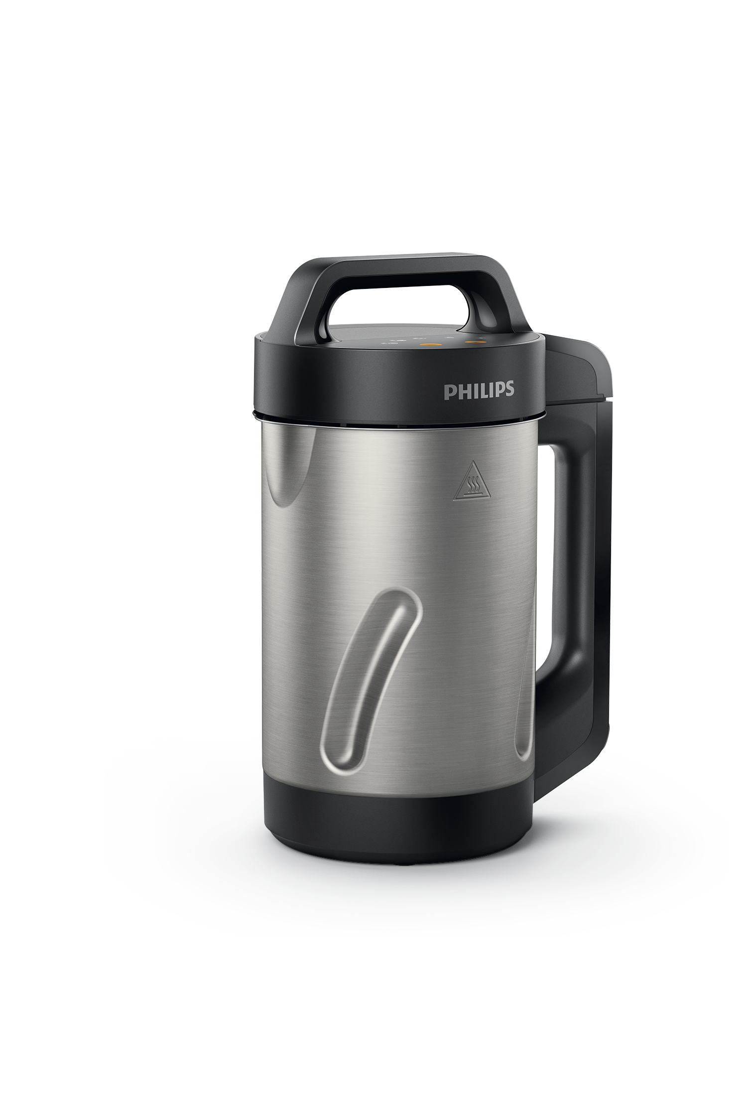 Silver and black Philips soup maker. It has a handle, a control panel, and a pouring spout.