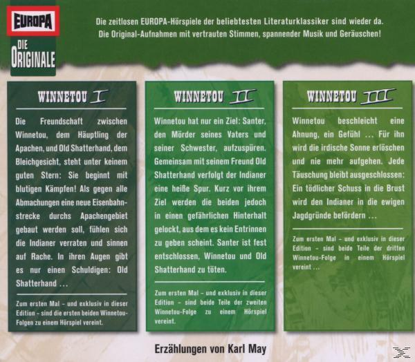 Buchcover mit drei grünen Rechtecken, die Winnetou-Geschichten beschreiben. Text und rotes Europa-Logo.