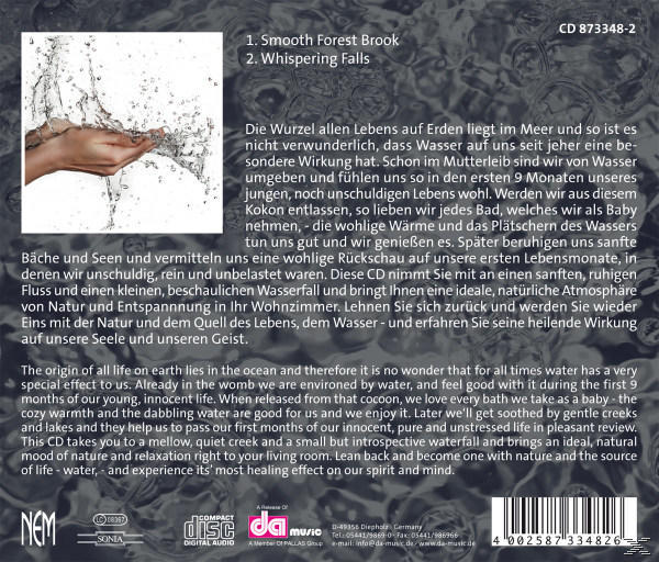 Eine CD-Hülle mit Wasser, das aus einer Hand spritzt. Text beschreibt den Ursprung des Lebens und Entspannung.
