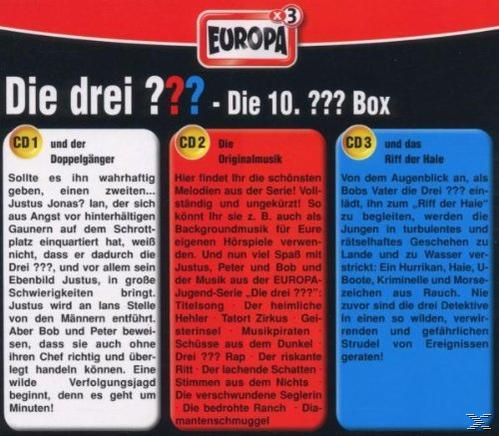 Box-Set mit Text auf Deutsch, drei farbige Abschnitte. Die drei ???.