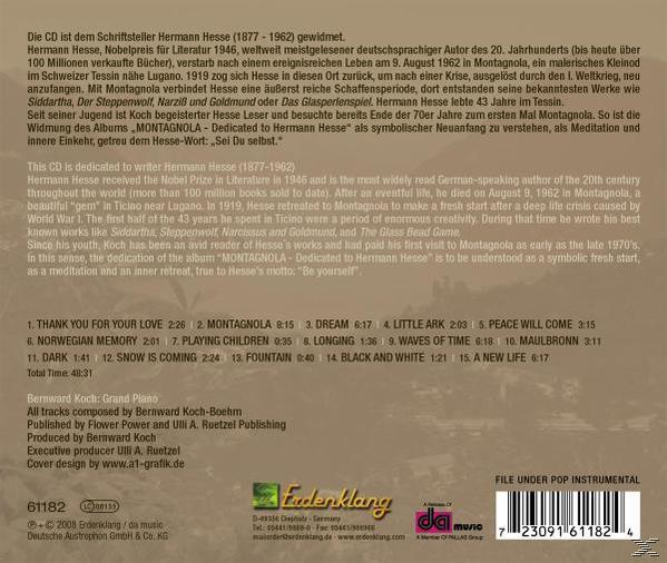CD-Rückseite, Text auf Deutsch über einen Autor und die Titelliste. Braune und beige Farben.