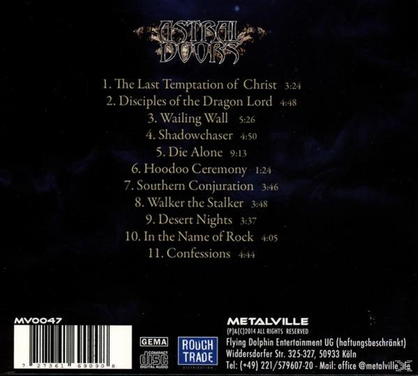Album-Rückseite mit Titelliste. Der Bandname steht oben. In der unteren linken Ecke befindet sich eine CD.