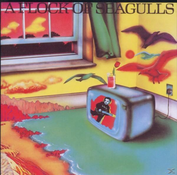 Albumcover: 'A Flock of Seagulls'. Zeigt einen farbenfrohen Raum mit einem Fernseher und fliegenden Möwen.