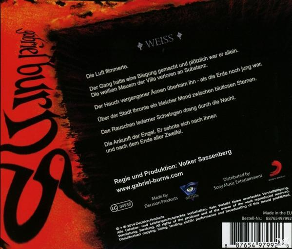 Album-Rückseite auf Deutsch. Text: Gabriel Burns. Dunkler Hintergrund. Text auf Deutsch.