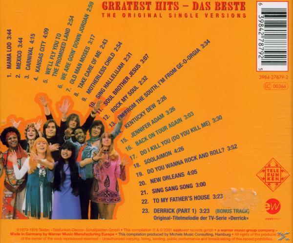 Albumcover mit einer Gruppe von Leuten und Trackliste auf orangefarbenem Hintergrund.