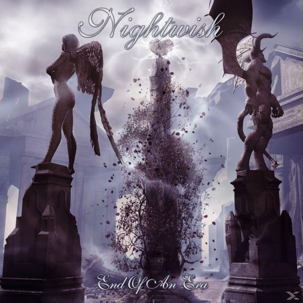 Albumcover mit Statuen von Engel und Dämon, einem Baum und einem Turm mit dem Bandnamen 