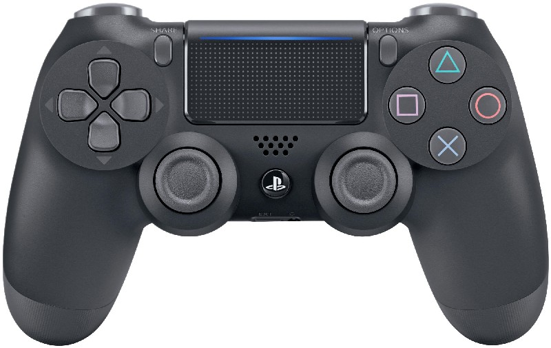 Schwarzer Playstation 4 Controller mit Knöpfen und Touchpad.