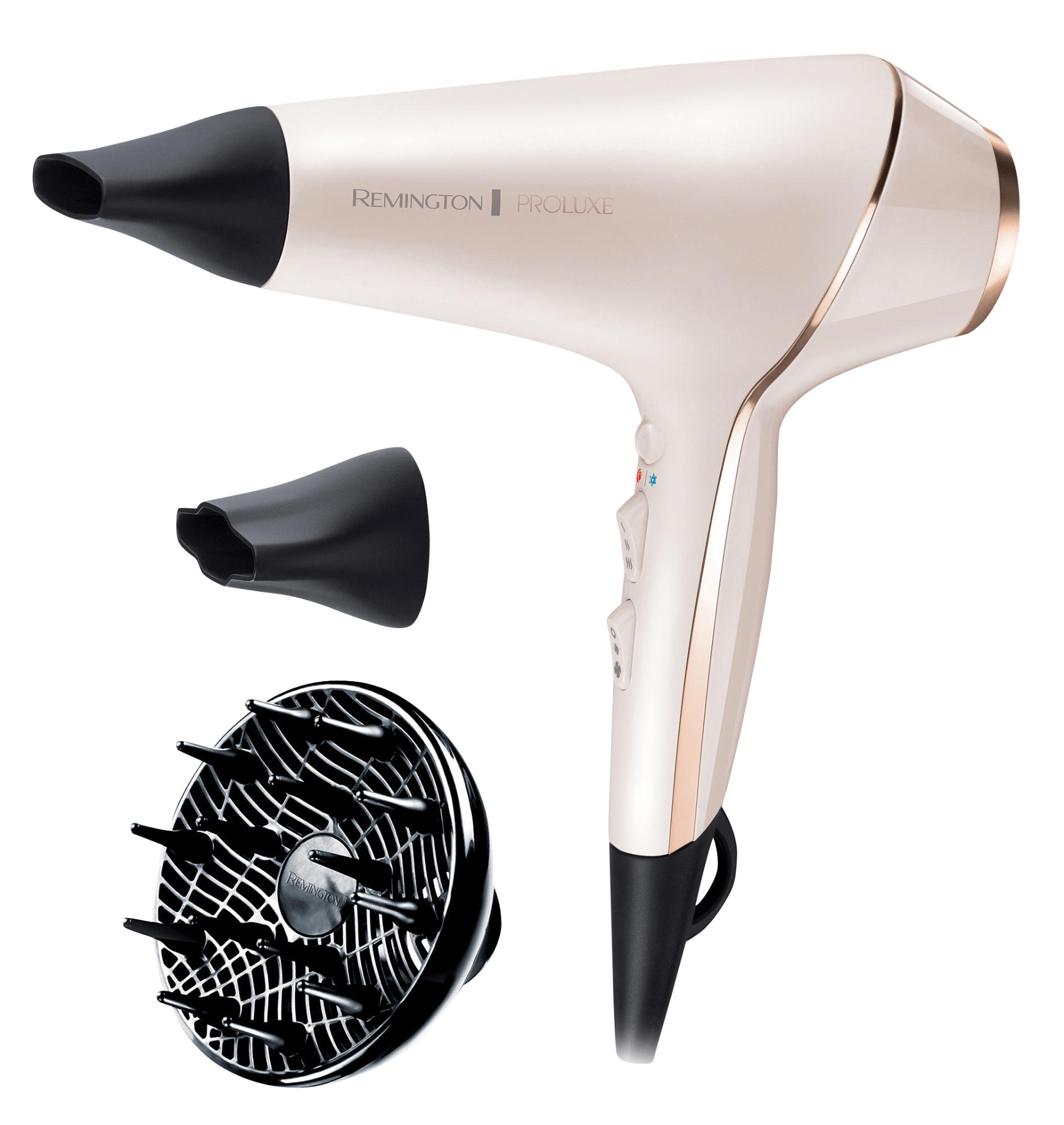 Un sèche-cheveux Remington blanc et doré avec des accessoires, dont une buse et un diffuseur.