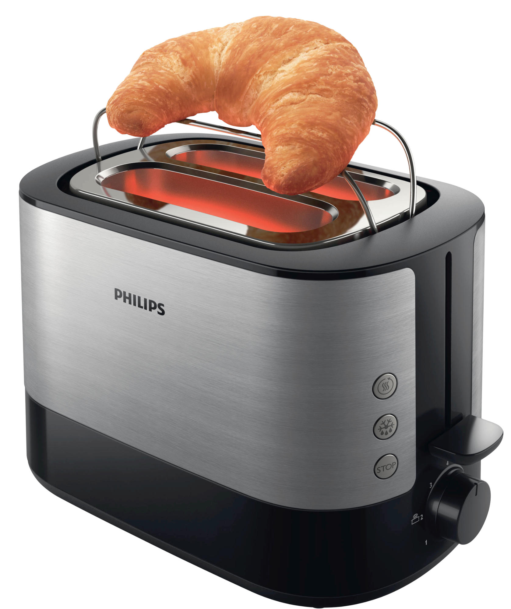 Toster z rogalikiem na górze. Czarny i srebrny, z trzema przyciskami.