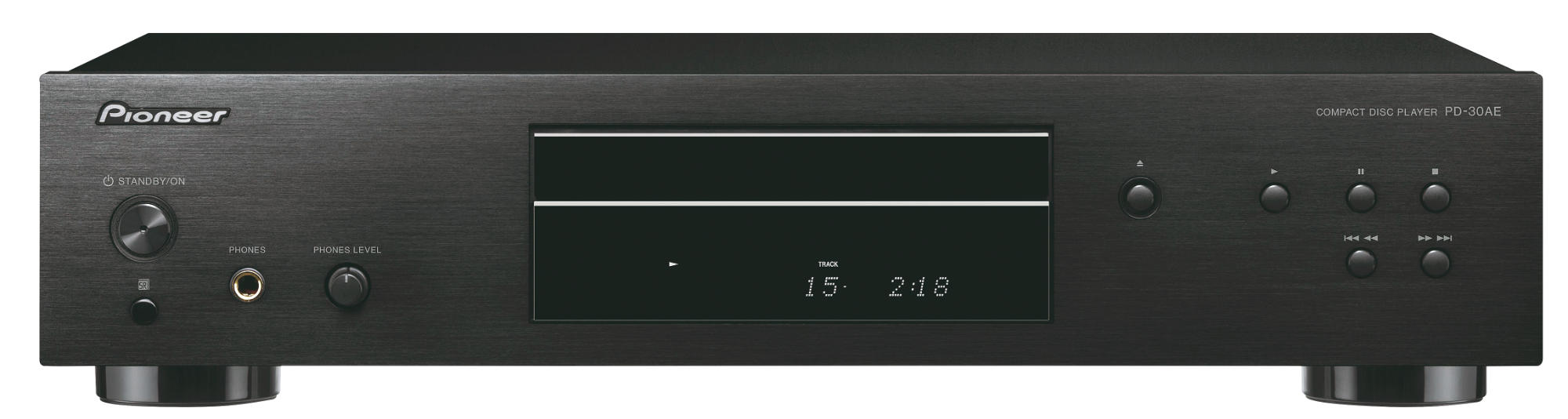 Ein schwarzer Pioneer CD-Player. Er hat Knöpfe und ein Display, das Titel und Zeit anzeigt.