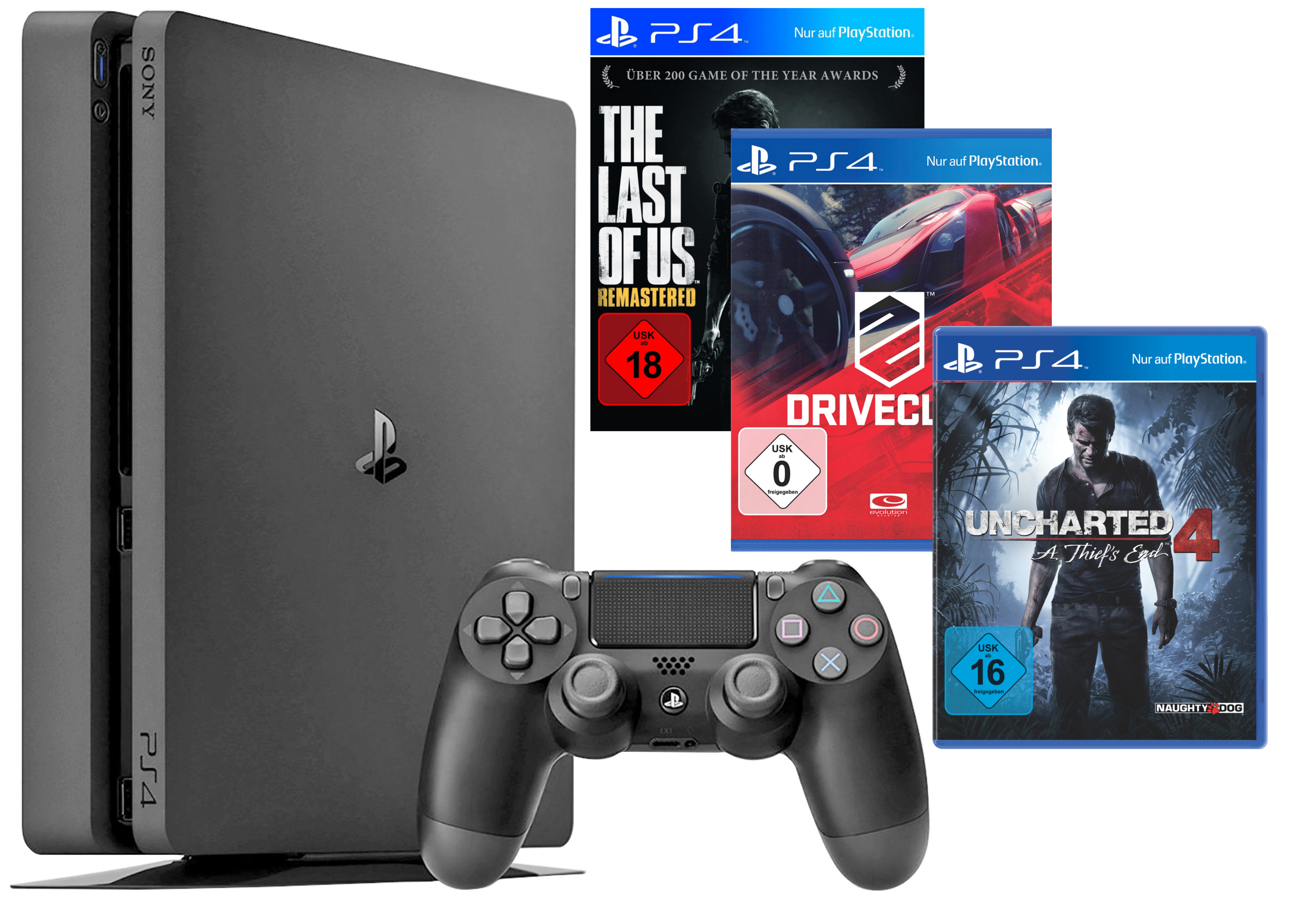 SONY PlayStation 4 Konsole Slim 1TB + Uncharted 4 + DriveClub + The Last Of Us